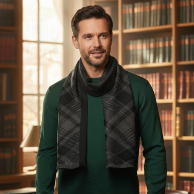 Elegancki szal szalik męski zimowy czarno - szary w kratę - Pakojeans.pl