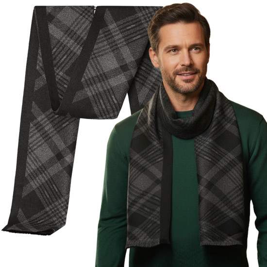 Elegancki szal szalik męski zimowy czarno - szary w kratę - Pakojeans.pl
