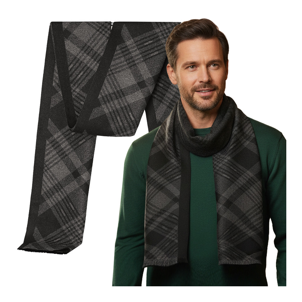 Elegancki szal szalik męski zimowy czarno - szary w kratę - Pakojeans.pl