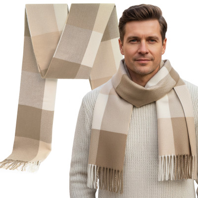 SZAL Szalik MĘSKI Zimowy Ciepły JASNOBEŻOWY w Kratkę Pako Jeans - Pakojeans.pl