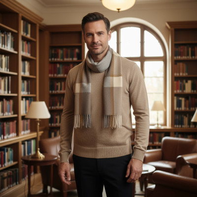 SZAL Szalik MĘSKI Zimowy Ciepły BEŻOWO - BRĄZOWY w Kratkę Pako Jeans - Pakojeans.pl