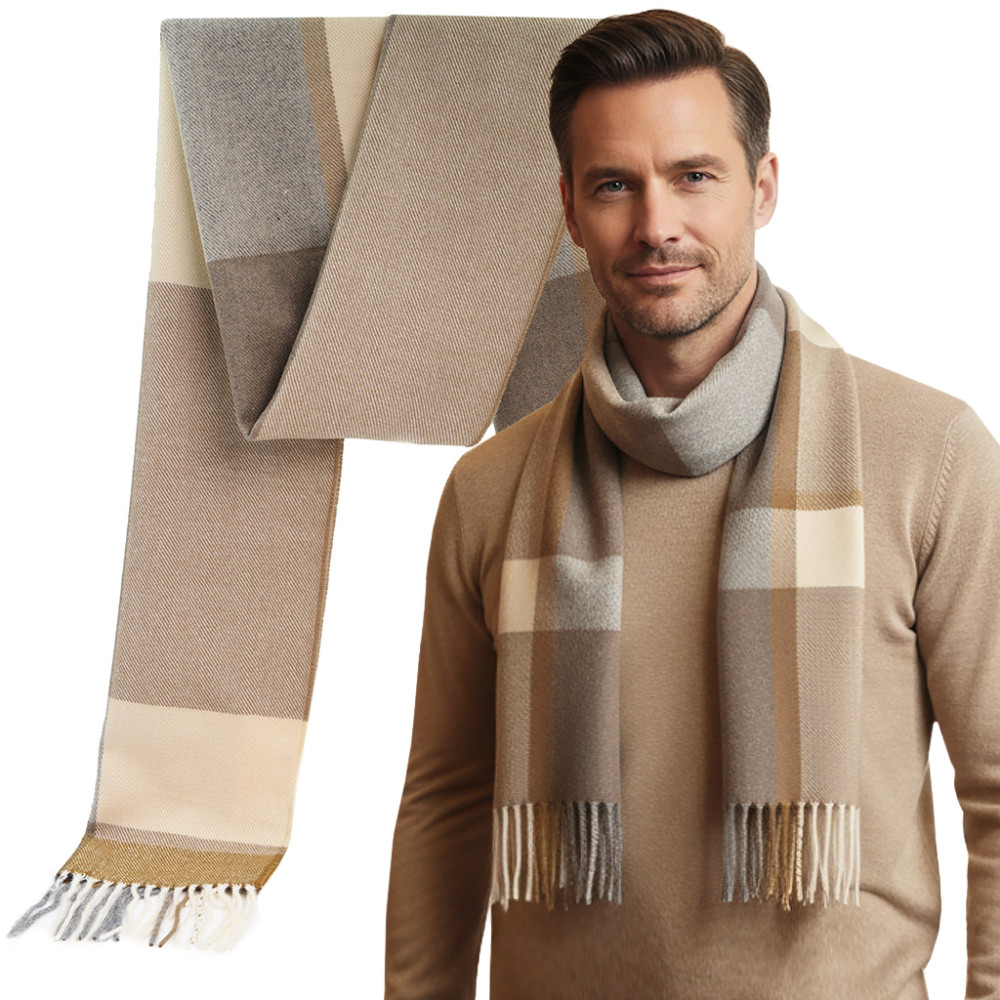 SZAL Szalik MĘSKI Zimowy Ciepły BEŻOWO - BRĄZOWY w Kratkę Pako Jeans - Pakojeans.pl