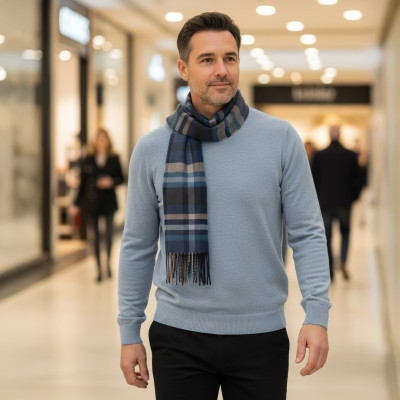 SZAL Szalik MĘSKI Zimowy Ciepły NIEBIESKO - BEŻOWY w Kratkę Pako Jeans - Pakojeans.pl