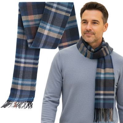 SZAL Szalik MĘSKI Zimowy Ciepły NIEBIESKO - BEŻOWY w Kratkę Pako Jeans - Pakojeans.pl