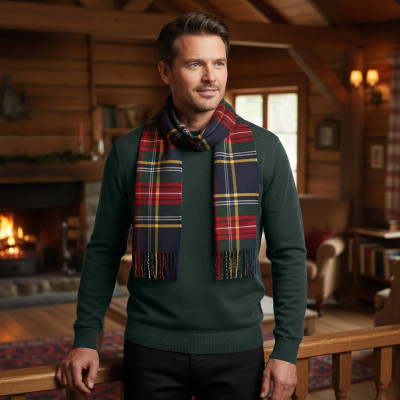 SZAL Szalik MĘSKI Zimowy CZERWONY GRANAT ZIELONY Świąteczna Krata - Pakojeans.pl