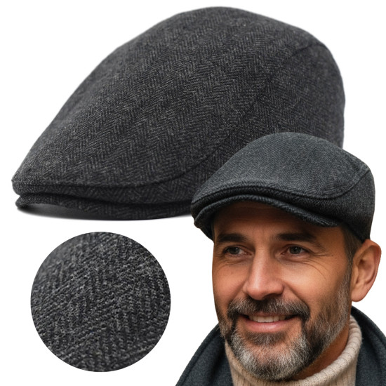 Kaszkiet męski ocieplany grafitowy czapka jodełka