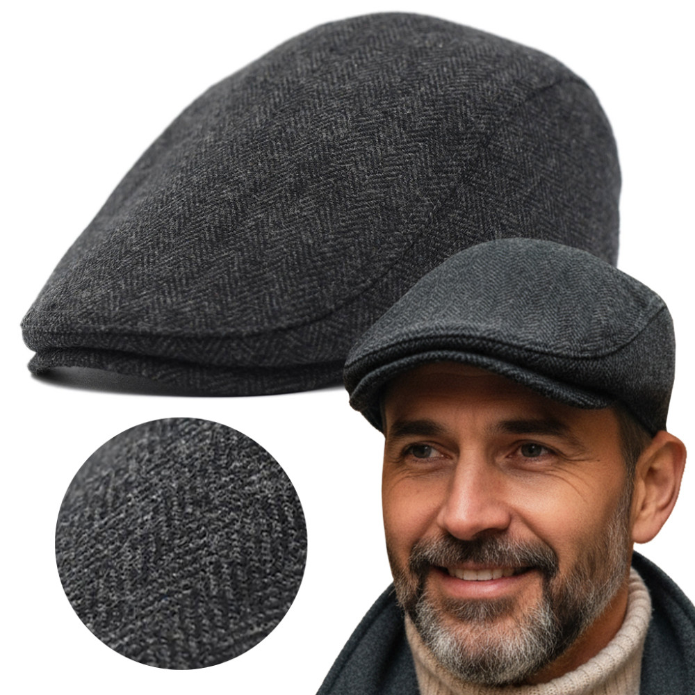 Kaszkiet męski ocieplany grafitowy czapka jodełka