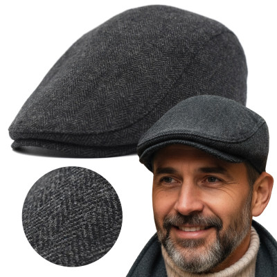 Kaszkiet męski ocieplany grafitowy czapka jodełka