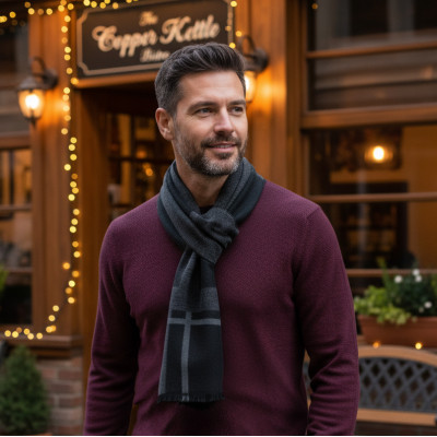 Elegancki szal szalik męski zimowy czarno - szary  - Pakojeans.pl