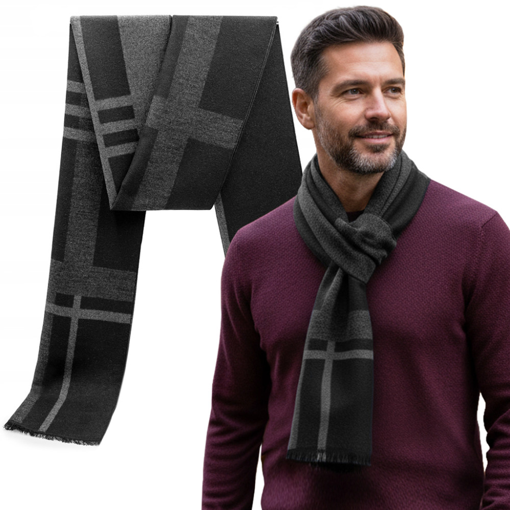 Elegancki szal szalik męski zimowy czarno - szary  - Pakojeans.pl