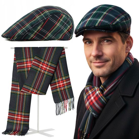 Kaszkiet Męski i Szalik w szkocką kratę Stylowy Komplet Idealny na Święta - Pakojeans.pl