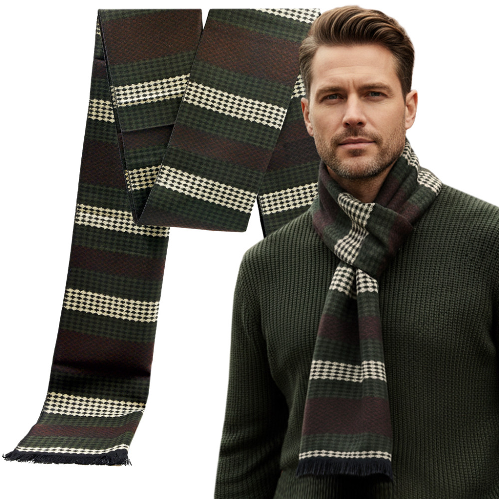 SZAL Szalik MĘSKI Zimowy Ciepły BRĄZOWO - KREMOWO - ZIELONY Pako Jeans - Pakojeans.pl