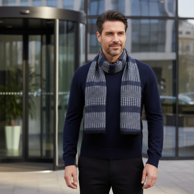 SZAL Szalik MĘSKI Zimowy Ciepły GRANATOWO - SZARY Pako Jeans - Pakojeans.pl