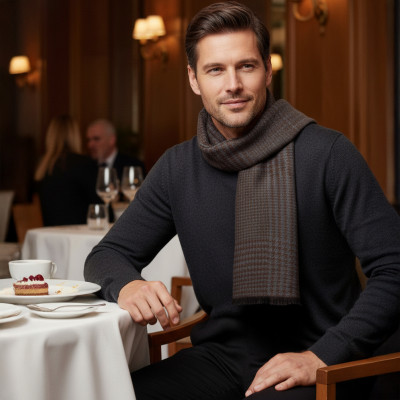 Elegancki szal szalik męski zimowy brązowo - szary w kratkę / pepitkę - Pakojeans.pl