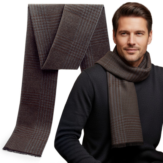 Elegancki szal szalik męski zimowy brązowo - szary w kratkę / pepitkę - Pakojeans.pl