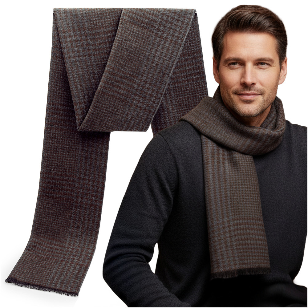 Elegancki szal szalik męski zimowy brązowo - szary w kratkę / pepitkę - Pakojeans.pl