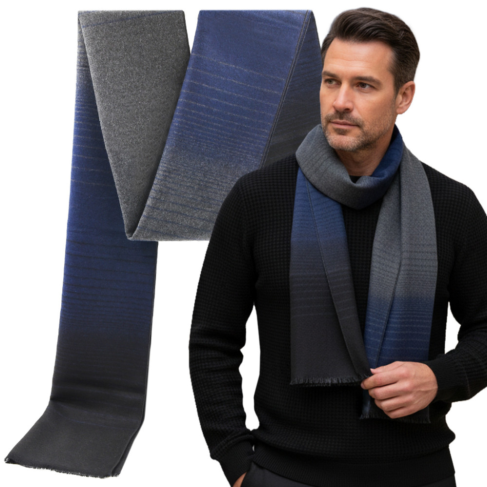 SZAL Szalik MĘSKI Zimowy Ciepły SZARO - GRANATOWO - CZARNY w Pasy Pako Jeans - Pakojeans.pl