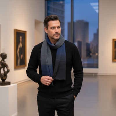 SZAL Szalik MĘSKI Zimowy Ciepły SZARO - GRANATOWO - CZARNY w Pasy Pako Jeans - Pakojeans.pl