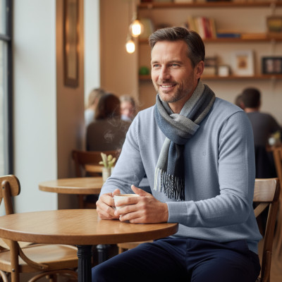 Elegancki szal szalik męski zimowy niebiesko - szary w pasy - Pakojeans.pl