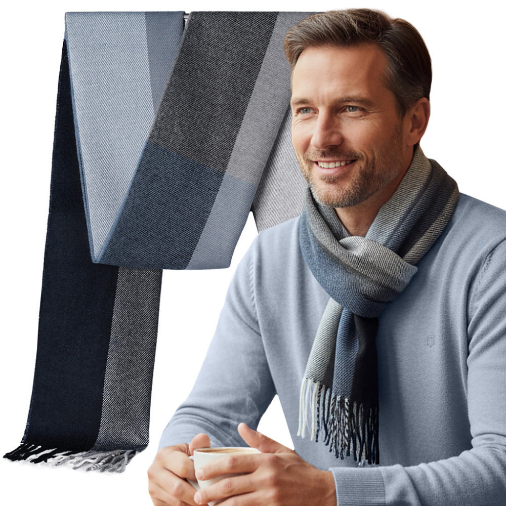 Elegancki szal szalik męski zimowy niebiesko - szary w pasy - Pakojeans.pl