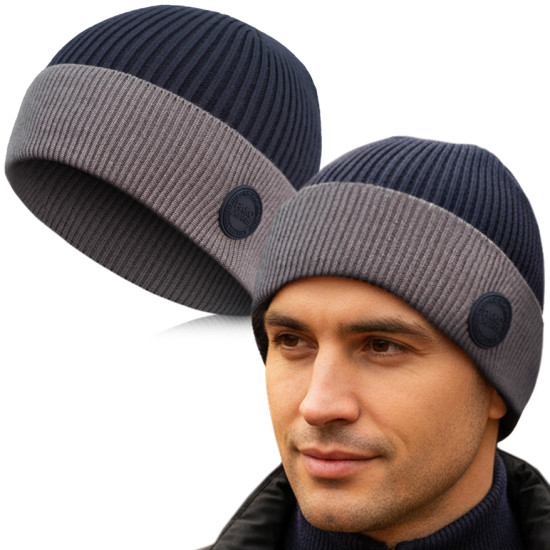 CZAPKA męska ZIMOWA na Mrozy Elastyczna z Wiskozą GRANATOWA - Pakojeans.pl