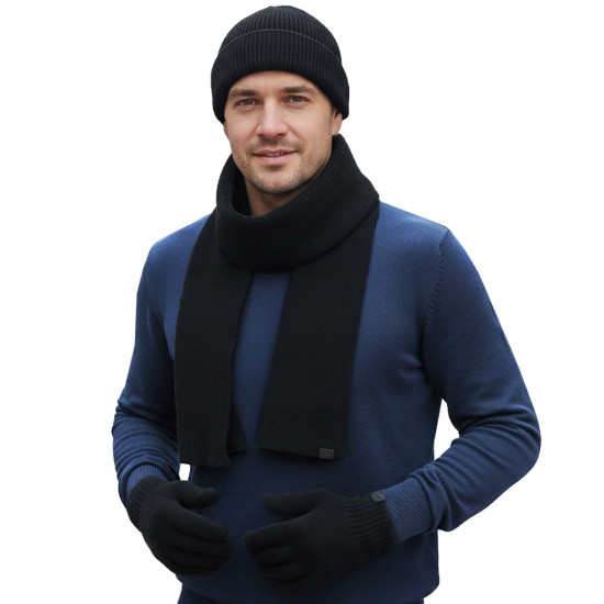 Komplet Męski CZAPKA SZALIK RĘKAWICZKI Zestaw Zimowy z Dokerką CZARNY - Pakojeans.pl