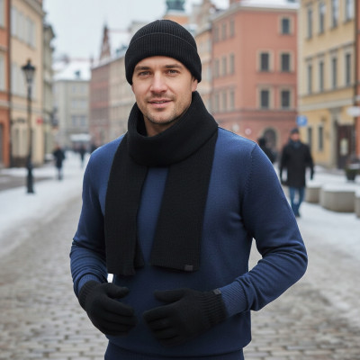Komplet Męski CZAPKA SZALIK RĘKAWICZKI Zestaw Zimowy z Dokerką CZARNY - Pakojeans.pl