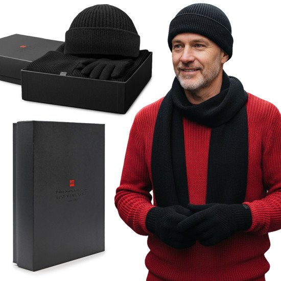 Komplet Męski CZAPKA SZALIK RĘKAWICZKI Zestaw na Prezent z Dokerką CZARNY - Pakojeans.pl