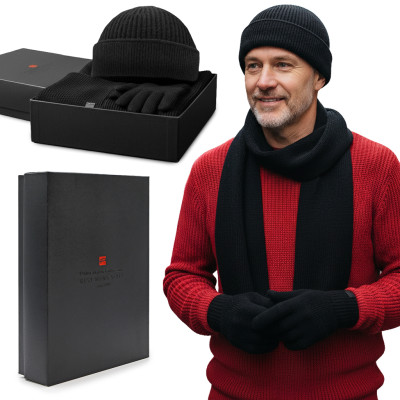 Komplet Męski CZAPKA SZALIK RĘKAWICZKI Zestaw na Prezent z Dokerką CZARNY - Pakojeans.pl