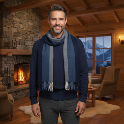 Elegancki szal szalik męski zimowy granatowo - niebieski w pasy - Pakojeans.pl