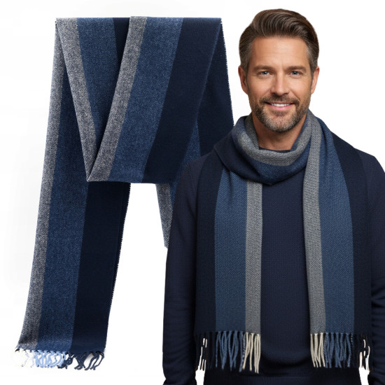 Elegancki szal szalik męski zimowy granatowo - niebieski w pasy - Pakojeans.pl