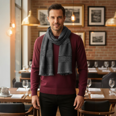 Elegancki szal szalik męski zimowy czarno - szary w kratkę / pepitkę - Pakojeans.pl