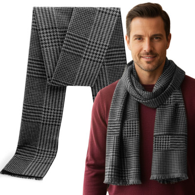 Elegancki szal szalik męski zimowy czarno - szary w kratkę / pepitkę - Pakojeans.pl