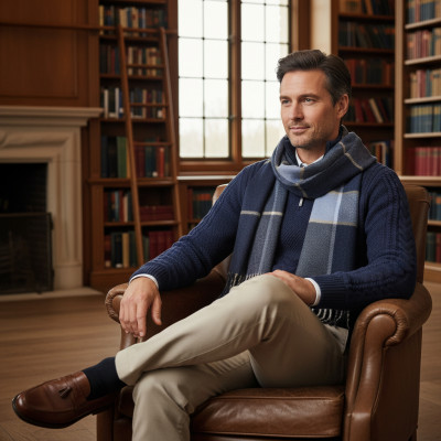 Elegancki szal szalik męski zimowy niebiesko - granatowy w kratę - Pakojeans.pl