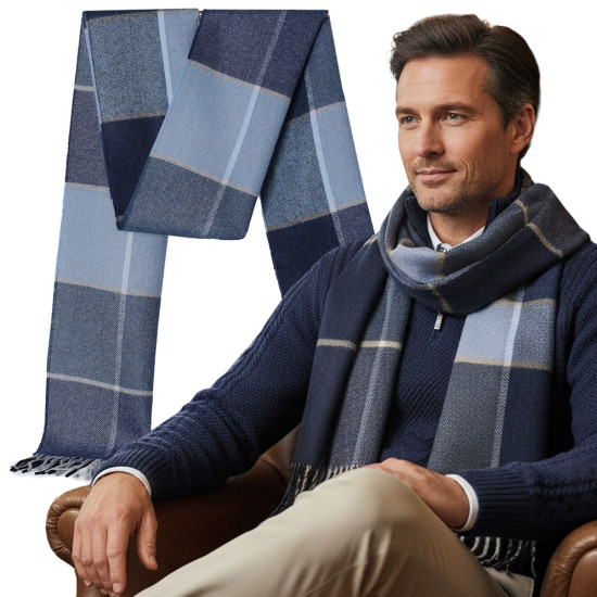 Elegancki szal szalik męski zimowy niebiesko - granatowy w kratę - Pakojeans.pl