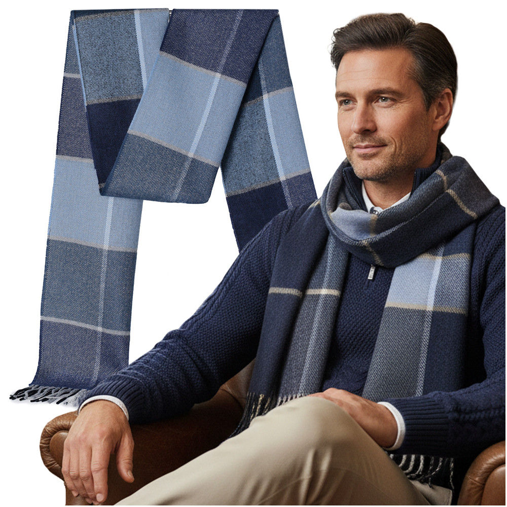 Elegancki szal szalik męski zimowy niebiesko - granatowy w kratę - Pakojeans.pl