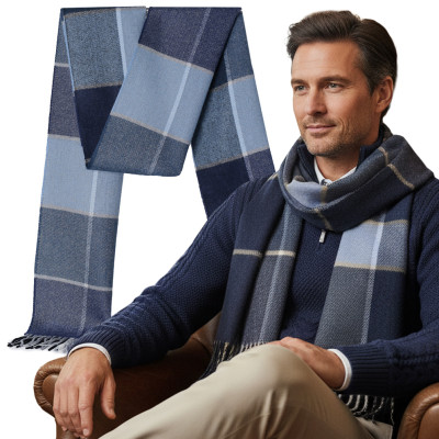 Elegancki szal szalik męski zimowy niebiesko - granatowy w kratę - Pakojeans.pl