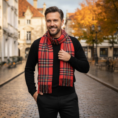 Elegancki szal szalik męski zimowy czerwony w kratkę świąteczny wzór - Pakojeans.pl