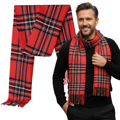 Elegancki szal szalik męski zimowy czerwony w kratkę świąteczny wzór - Pakojeans.pl