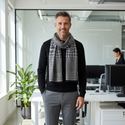 Elegancki szal szalik męski zimowy popielato - szary w pepitkę - Pakojeans.pl