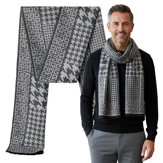 Elegancki szal szalik męski zimowy popielato - szary w pepitkę - Pakojeans.pl