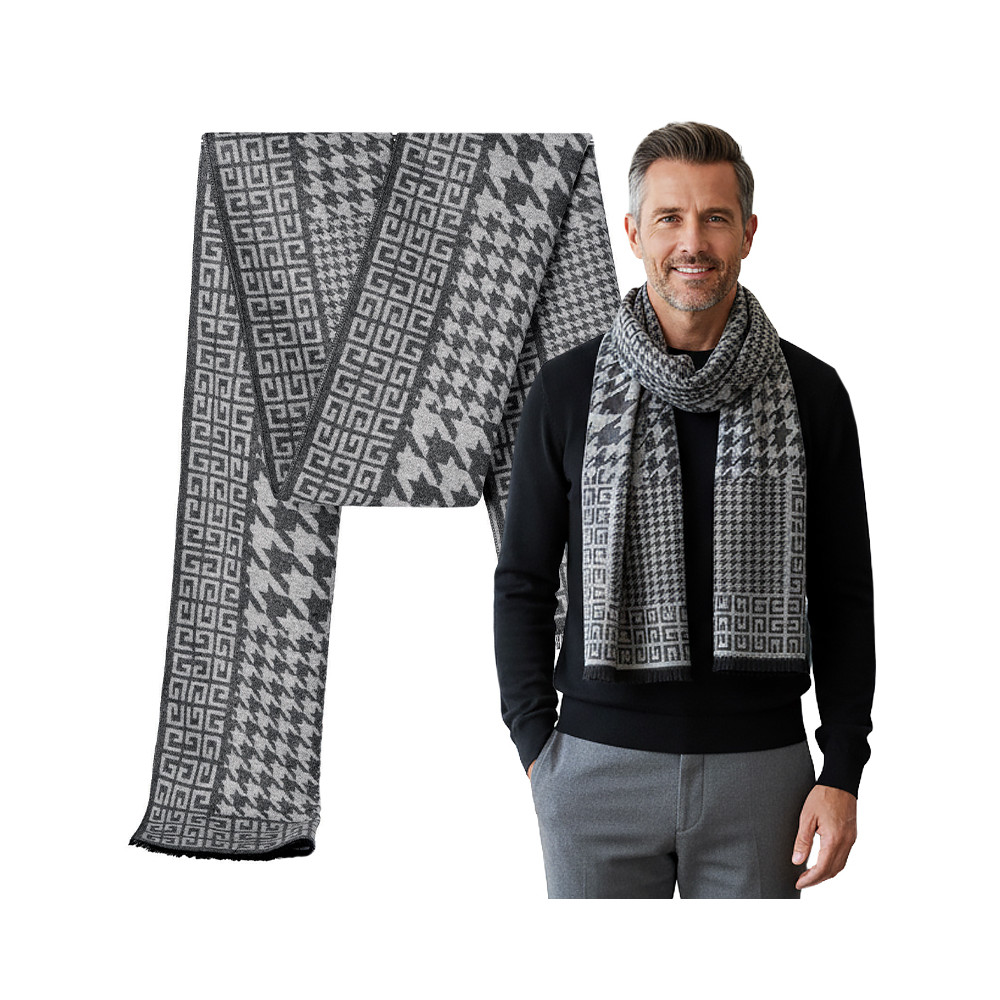 Elegancki szal szalik męski zimowy popielato - szary w pepitkę - Pakojeans.pl