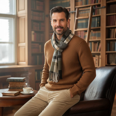 SZAL Szalik MĘSKI Zimowy Ciepły BRĄZOWO CZARNO BEŻOWY w Kratkę - Pakojeans.pl