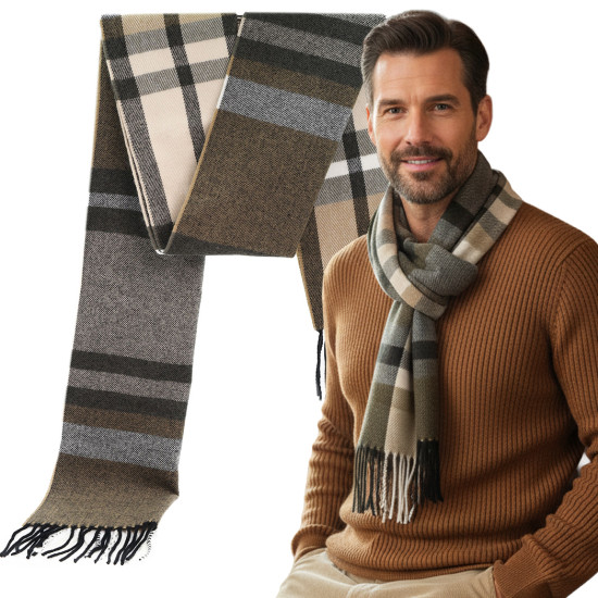 SZAL Szalik MĘSKI Zimowy Ciepły BRĄZOWO CZARNO BEŻOWY w Kratkę - Pakojeans.pl