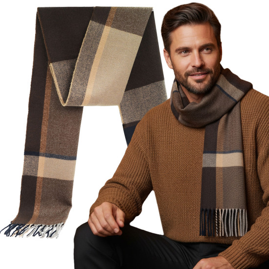 SZAL Szalik MĘSKI Zimowy Ciepły BRĄZOWY w Kratkę Pako Jeans - Pakojeans.pl