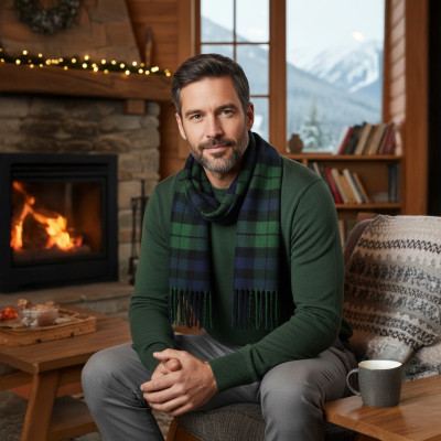 SZAL Szalik MĘSKI Zimowy Ciepły GRANATOWO - ZIELONY w Kratkę - Pakojeans.pl