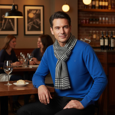 Elegancki szal szalik męski zimowy czarno - biały w kratkę / pepitkę - Pakojeans.pl