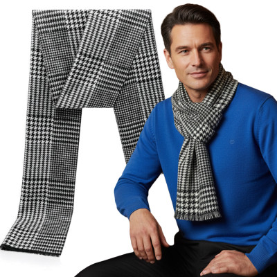 Elegancki szal szalik męski zimowy czarno - biały w kratkę / pepitkę - Pakojeans.pl