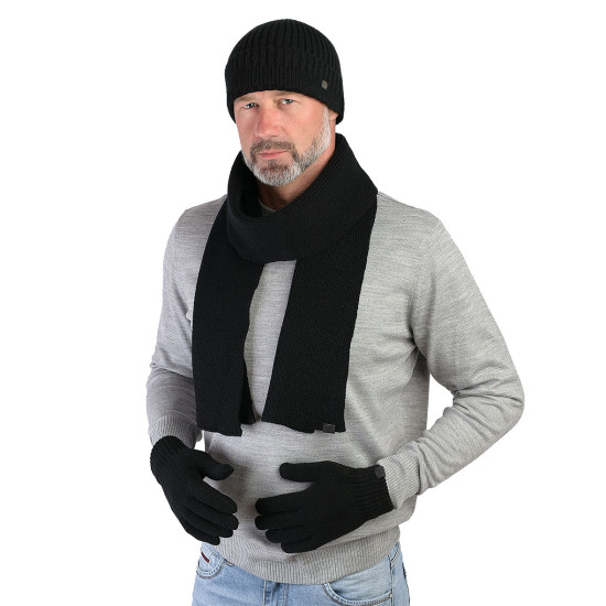 Komplet Męski CZAPKA SZALIK RĘKAWICZKI Zestaw Zimowy CZARNY Pako Jeans - Pakojeans.pl