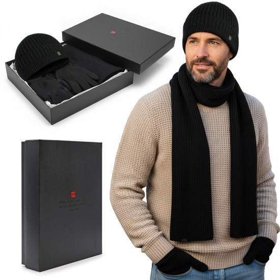 Komplet Męski CZAPKA SZALIK RĘKAWICZKI Zestaw na Prezent CZARNY Pako Jeans - Pakojeans.pl